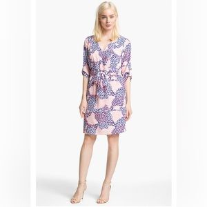 Presley Skye Roll Tab Sleeve Shirtdress w/ tie belt. Pink, purple & white print.